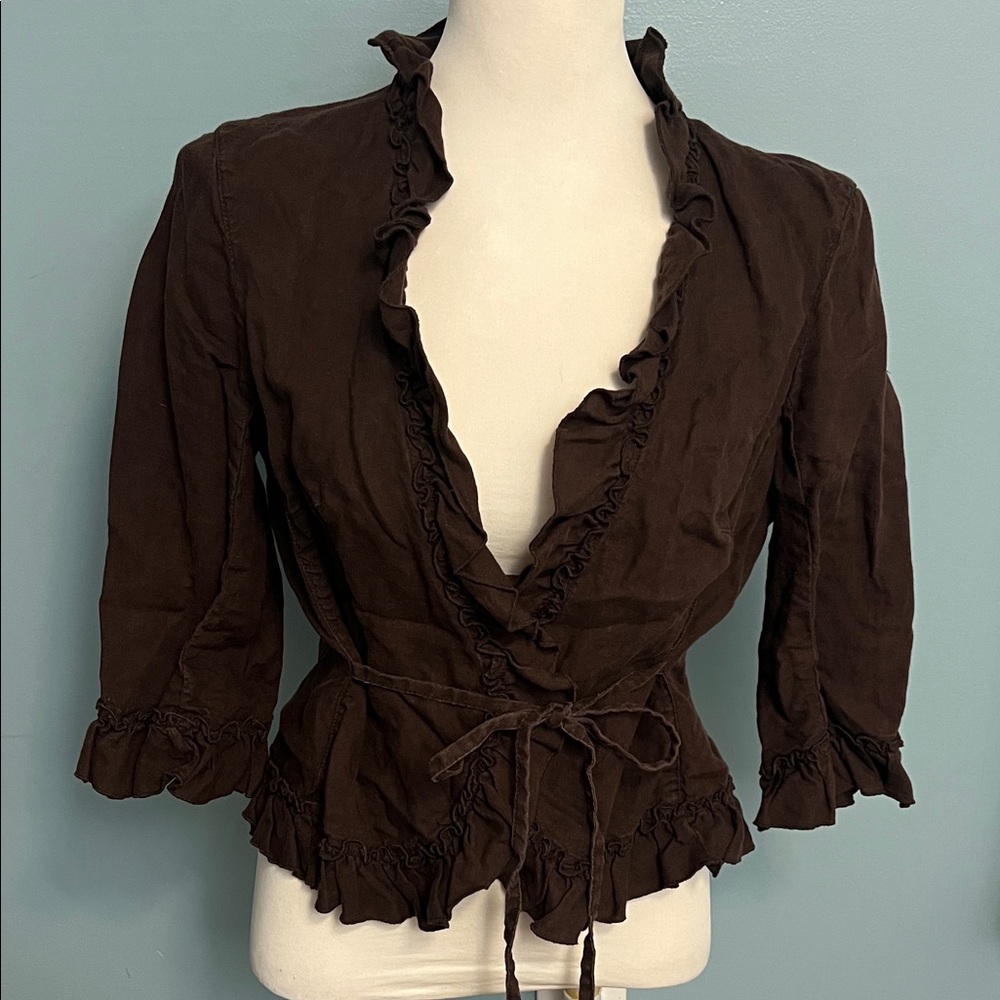 LondonJean Chino Brown Ruffled Women's Top sz 8 100% Linen